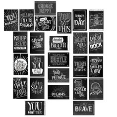 black and white typogramic art prints with inspirational sayings on the back