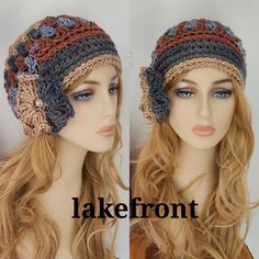 two wigs with crocheted hats on top of each other