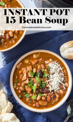 two bowls of instant pot bean soup on a blue cloth with bread in the background