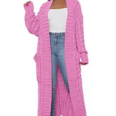 Full Length Knit Cardigan Front Pockets, Long Sleeves No Closure, Plenty Of Stretch Mode Rose, Women Long Cardigan, Knit Sweater Coat, Longline Cardigan, Casual Outerwear, Pocket Cardigan, Pink Cardigan, Cardigan Long, Long Sweaters Cardigan