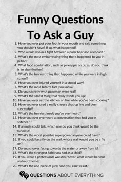 list of 20 funny questions to ask a guy Hot Questions, Funny Questions To Ask, Questions To Ask A Guy, Intimate Questions, 21 Questions, Questions To Ask Your Boyfriend