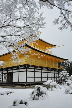 the yellow building is surrounded by snow