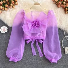 Summer Long Sleeve Organza Top, Long Sleeve Organza Top For Summer, Purple Puff Sleeve Top For Party, Purple Puff Sleeve Party Top, Puff Sleeves Outfit, Fancy Short Dresses