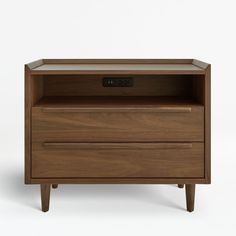 a wooden nightstand with two drawers on one side and an electronic drawer on the other