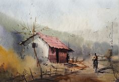 a watercolor painting of a man riding a bike past a small building with a red roof