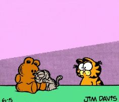 an image of garfield the cat and his friends playing with each other in front of a pink background