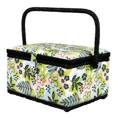 a flowered box with black handles is shown