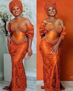 Aso Ebi Styles 2022, Asoebi Styles Lace Traditional Weddings, Latest Lace Gown Styles Aso Ebi, Orange Dress Outfits, Orange Corset