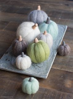 woolly pumpkins on a plate sitting on a wooden table