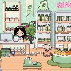 a girl standing in front of a store filled with shelves full of food and drinks