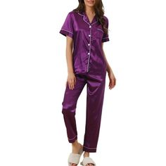 Great for loungewear, nightwear, sleepwear, home bedroom, daily wear. This loungewear pajamas sets for women is constructed of button down, pants with elastic waist, make it convenient to take on/off, keep you pretty and comfortable all day. Featuring satin fabric design, soft and comfortable make you feel cozy all night, enjoy a comfortable sleep and sweet dream. No matter the cozy bedtime, casual home relax, laze afternoon, comfy bath, the soft and lightweight women's sleepwear could company w Womens Sleepwear, Pants With Elastic Waist, Pajamas Sets, Women's Sleepwear, Purple Outfits, Casual Home, Womens Pyjama Sets, Sleepwear Sets, Cozy Fits