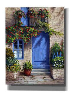 a painting of a house with blue doors and flowers on the windowsill is shown