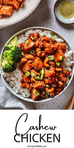 chicken and broccoli on top of rice in a bowl