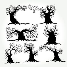 four different tree silhouettes with hearts on them