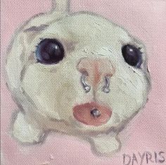 a painting of a white rabbit with big eyes and nose, on a pink background