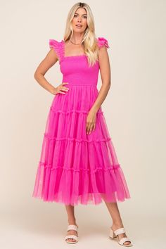 Fuchsia Smocked Mesh Ruffle Accent Maternity Midi Dress – PinkBlush Confetti Dress, Solid Midi Dress, Maternity Midi Dress, Pink Blush Maternity, Mesh Material, Low Iron, Tiered Skirt, Maternity Clothes, Lay Flat