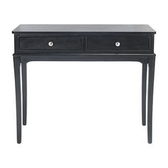 a black table with two drawers on top and one drawer open to show the bottom