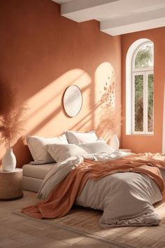 a bedroom with an orange wall and large bed in the center, surrounded by windows