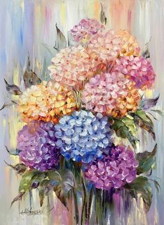 a painting of colorful flowers in a vase