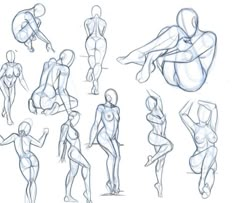 a bunch of sketches of different poses and body shapes for the figure in this video game