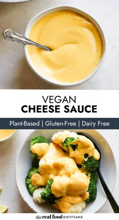 Vegan cheese sauce in a bowl and drizzled over steamed vegetables Vegan Cheesy Sauce, Whole30 Cheese Sauce, Healthy Cheese Sauce, Nutritional Yeast Cheese Sauce, Vegan Cheese Recipe, Cashew Cheese Sauce, Dairy Free Sauces, Dietitian Recipes, Vegan Cheddar Cheese