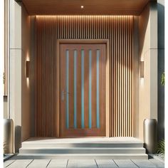 a wooden door with vertical slats on the side and steps leading up to it