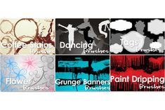 four different types of grunge banners with the words coffee stains, dancing and flowers