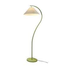 a green floor lamp with a white shade on it's head and an arm