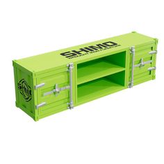 a green box with two open compartments and the word shando on it's side