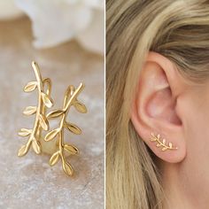 Leaf Earrings, Gold Earrings, Ear Climber, Minimalist Earrings Nature-inspired earrings crafted in a leaf design, climbers are the fashionable way to wear the new wave of earrings without looking like you tried too hard. **Sold as set of 2 earrings MATERIALS - Colors in: Sterling Silver / Gold Vermeil / Rose Gold Vermeil- - Hypoallergenic Fish Hook - Rubber backs (optional to use) DETAILS - Length: 0.75in (1.9cm) x Width: 0.25in (6mm) Leaf Ear Cuffs, Small Earrings Gold, Gold Ear Climbers, Earring Minimalist, Leaf Earring, Prom 2023, Minimalist Earring, Fancy Jewelry Necklace, Ear Climbers Earrings