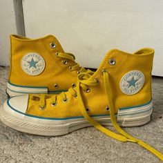 Bright Yellow Chucks, Bought Brand New And Worn A Handful Of Times. Not Platform. High Top. All Converse Colors, Fun Converse, Yellow Converse Aesthetic, Converse Chuck Taylor All Star Yellow, Yellow Converse High-top Sneakers, Academia Shoes, Yellow Converse High-top Sneakers With Rubber Sole, Yellow Converse, Converse Classic