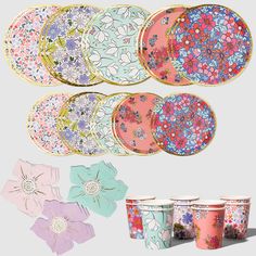 six flowered plates and four paper cups