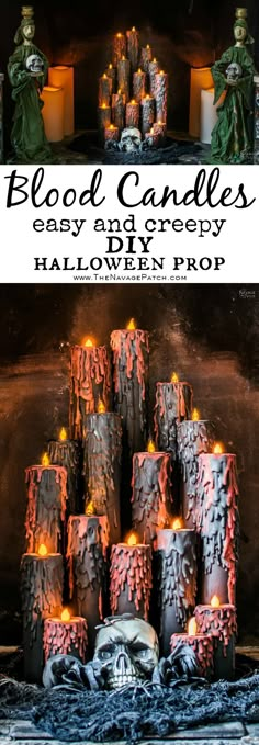 halloween candles are stacked on top of each other with the words blood candles easy and creepy