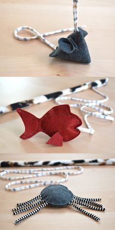 three different pictures of fish made out of fabric and thread on a wooden table top