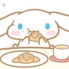 a cartoon bunny eating breakfast at a table with a coffee cup and saucer in front of it