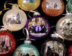 a bunch of christmas ornaments with pictures on them