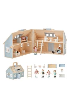 a dollhouse with furniture and accessories including dolls, stairs to the second floor and two children's rooms