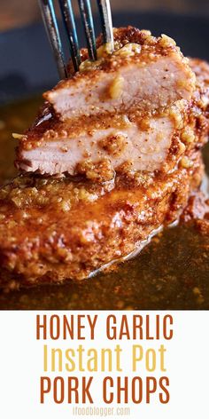 honey garlic instant pot pork chops on a fork