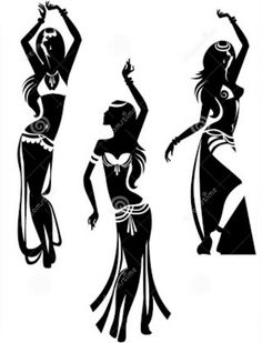 three silhouettes of women dancing in different poses, one with her hands up to the side