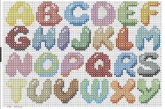 a cross stitch alphabet pattern with the letters in different colors and sizes, all on one side