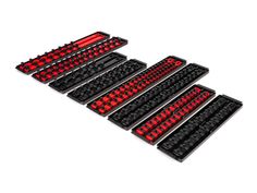 six red and black keyboards sitting on top of each other