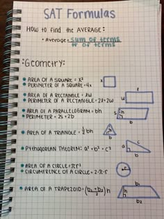 a notebook with some writing on it that says sat formulas and how to find the average sum of them