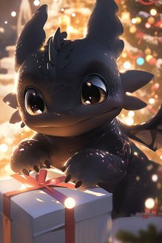 a small black dragon sitting next to a christmas tree with lights on it's head