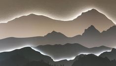 an abstract painting of mountains with trees in the foreground