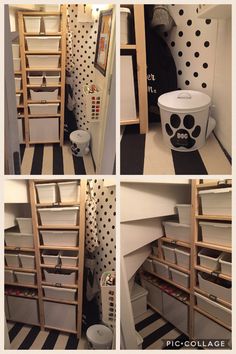 four pictures of the inside of a closet with drawers and shelves in different stages of being organized