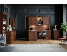 an office with black walls and wooden furniture in the center, along with a white rug on the floor