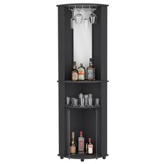 a tall black cabinet with liquor glasses and bottles on it's sides, in front of a white background