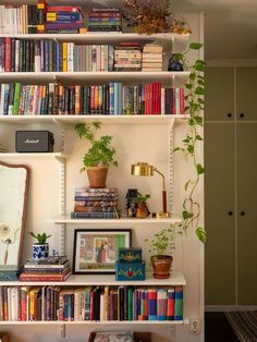 a bookshelf filled with lots of books next to a mirror and potted plant