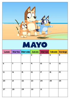 a calendar with cartoon characters on it