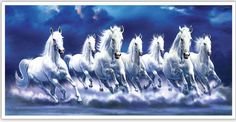 a group of white horses running in the ocean on a cloudy day with blue sky and clouds behind them